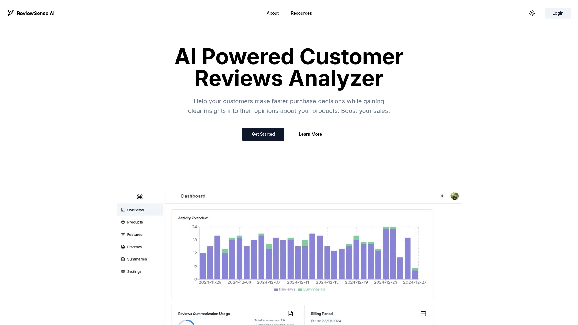 ReviewSense AI website preview