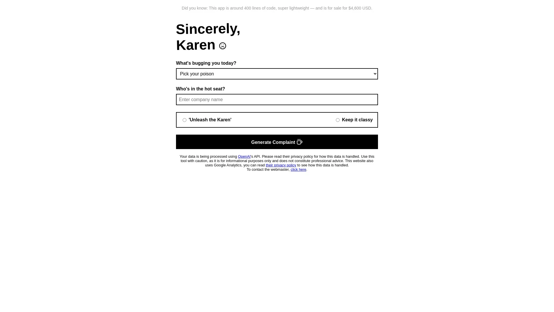 Sincerely Karen | Complaint Email Generator website preview