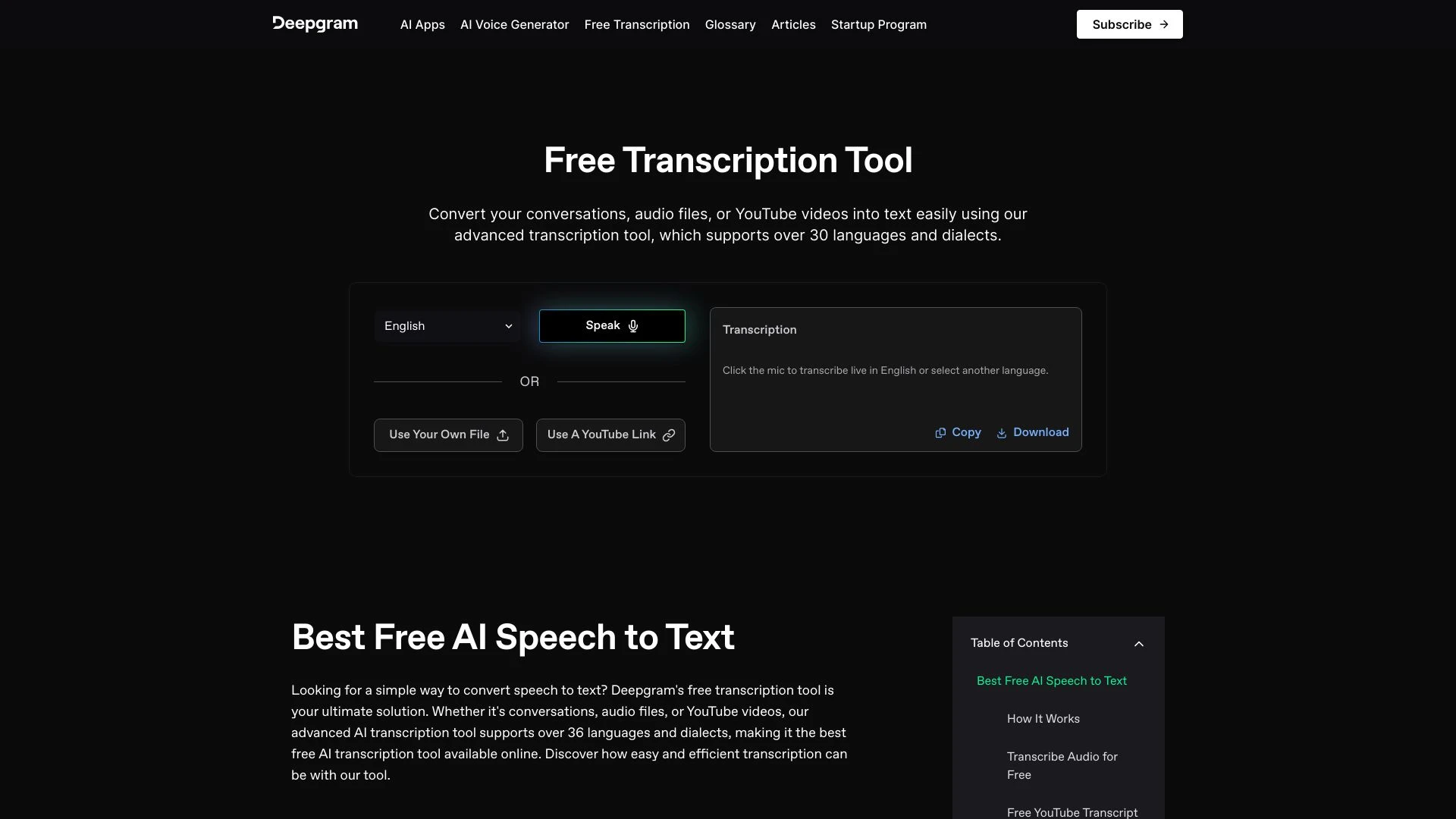 Free Transcription Tool Deepgram website preview