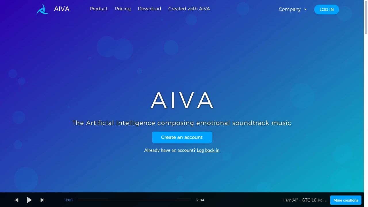 AIVA - The AI composing emotional soundtrack music website preview