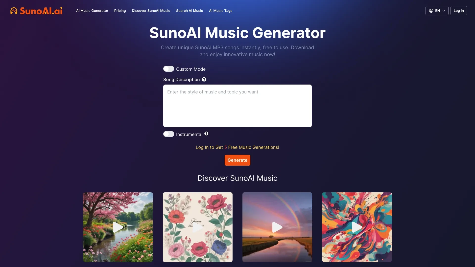 SunoAI Music Generator website preview