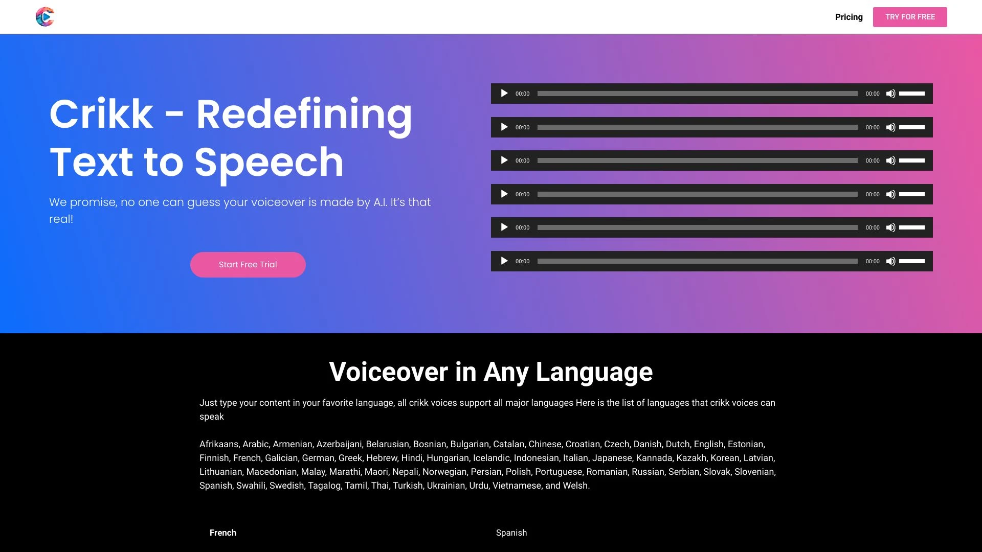 Crikk - Text To Speech website preview