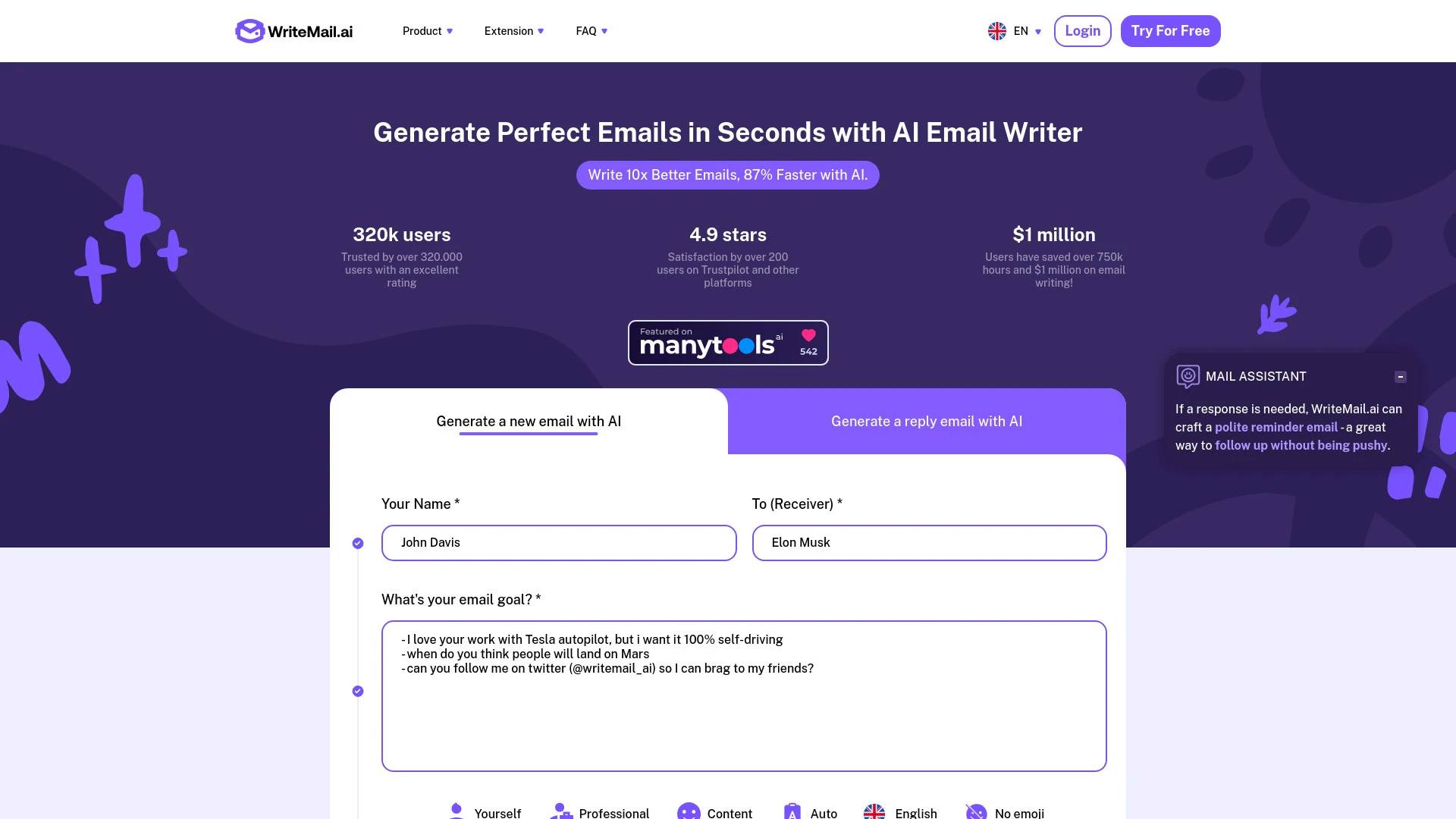 WriteMail.ai website preview