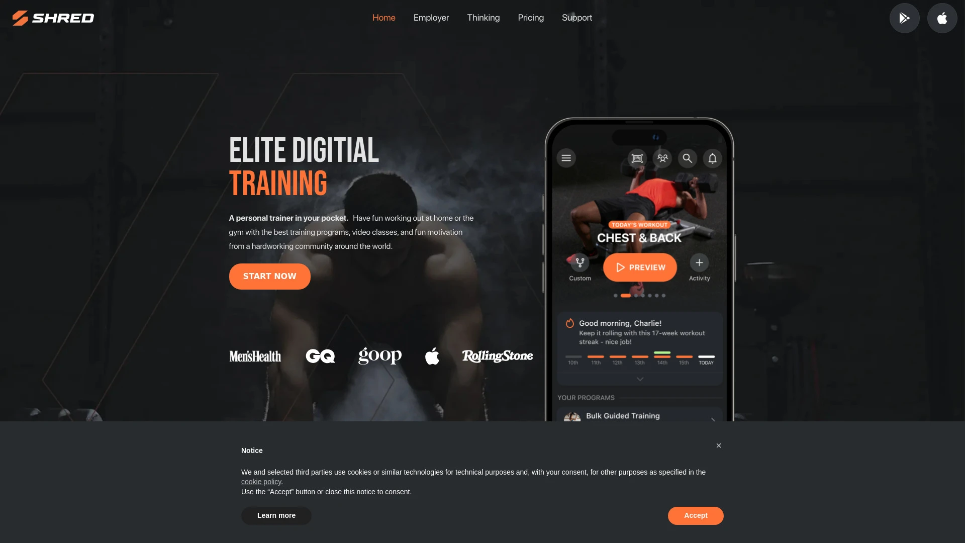 SHRED: Home & Gym Workouts App website preview