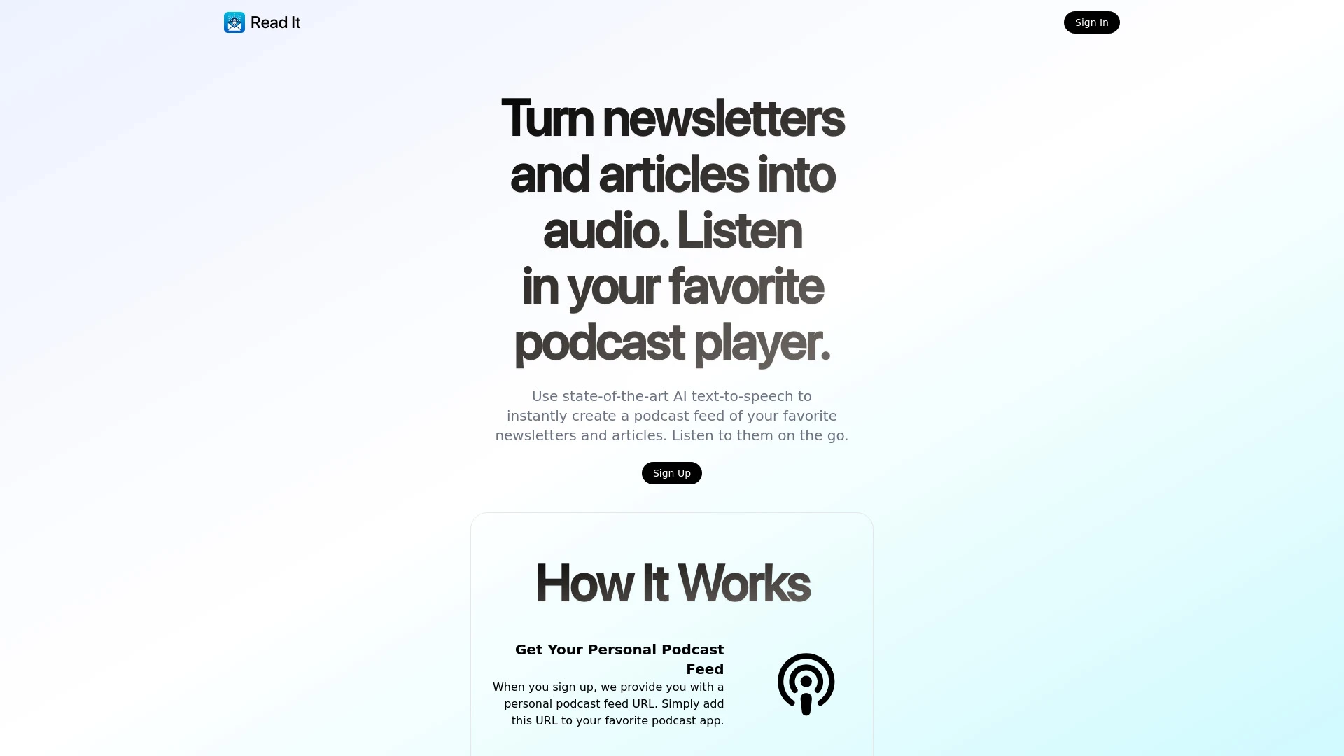 Read It - Turn Your Newsletters and Articles Into A Podcast website preview