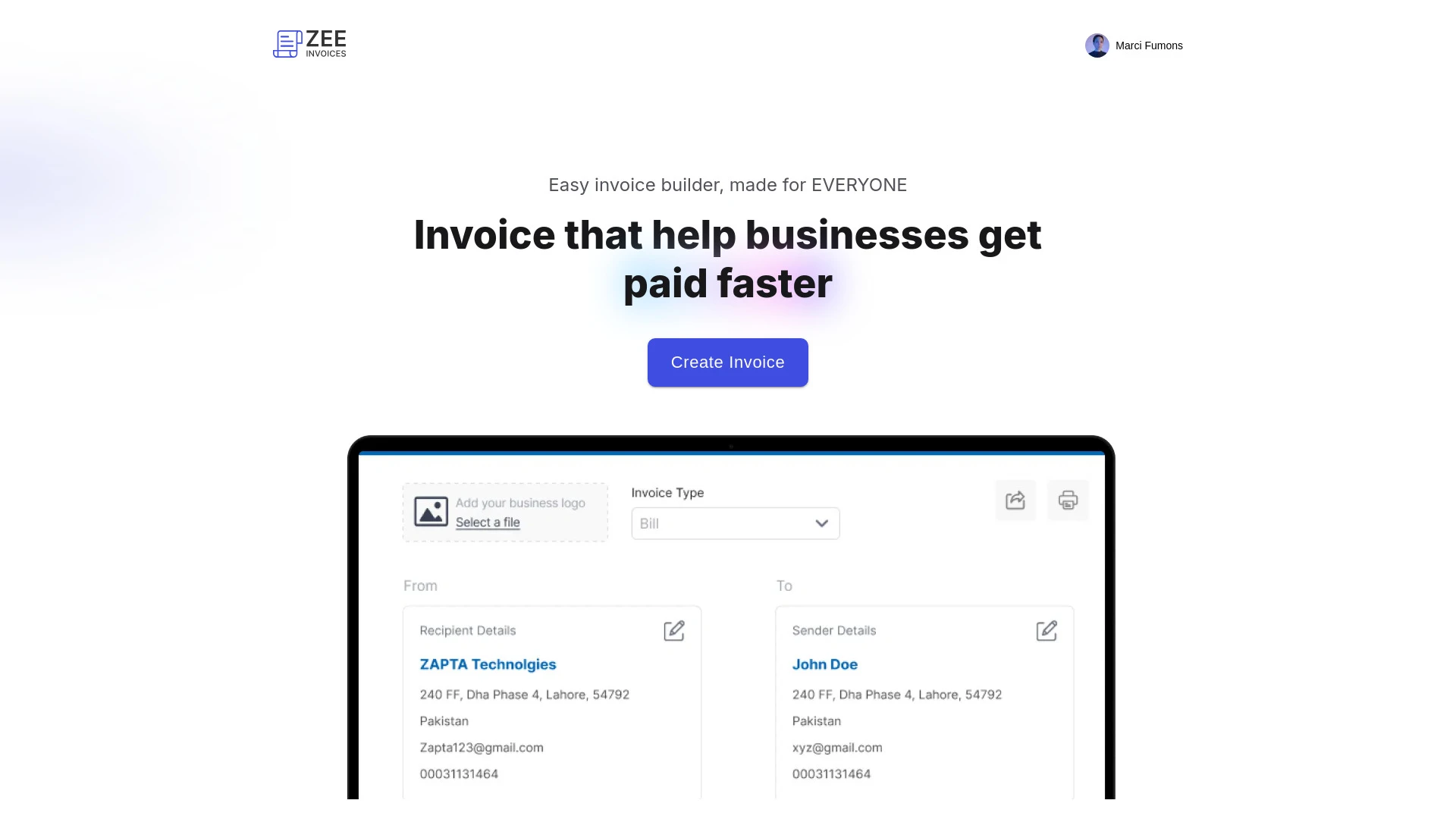 ZeeInvoices website preview