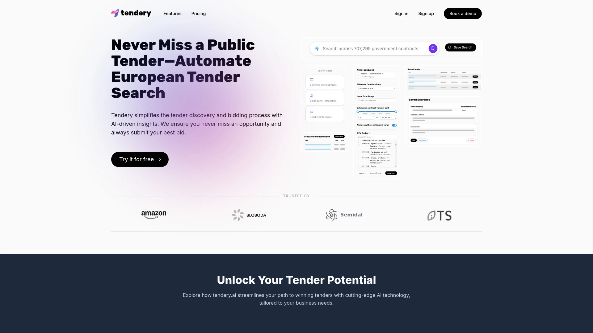 Tendery.ai website preview