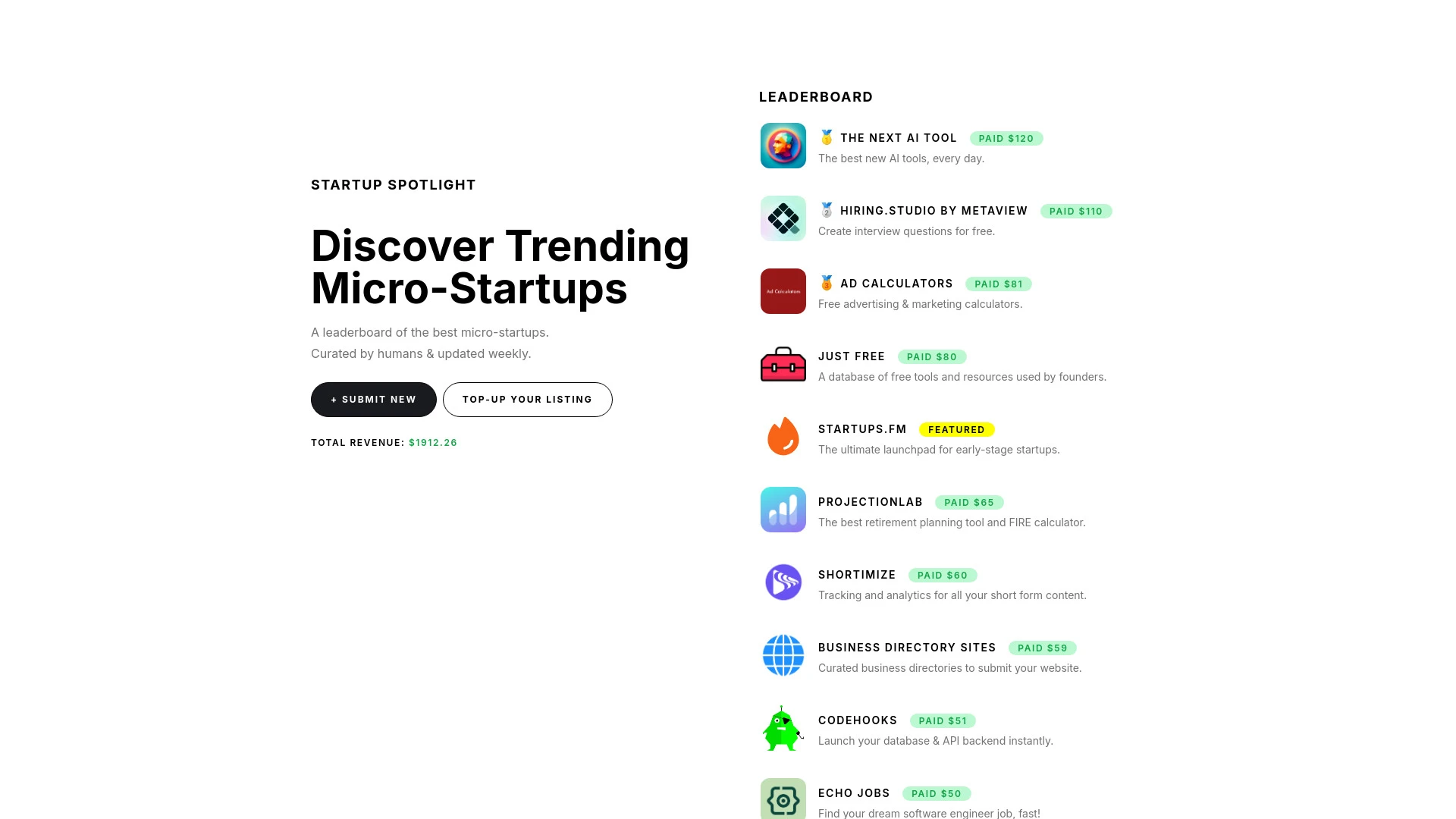 Trending Micro-Startups website preview