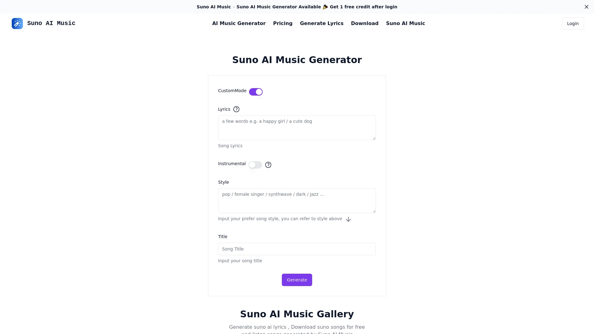 Suno AI Music website preview