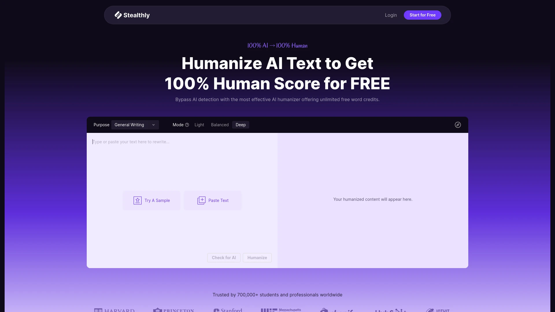 Stealthly AI Humanizer website preview