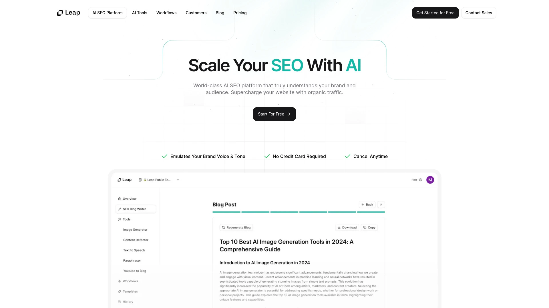 Leap AI SEO Platform website preview