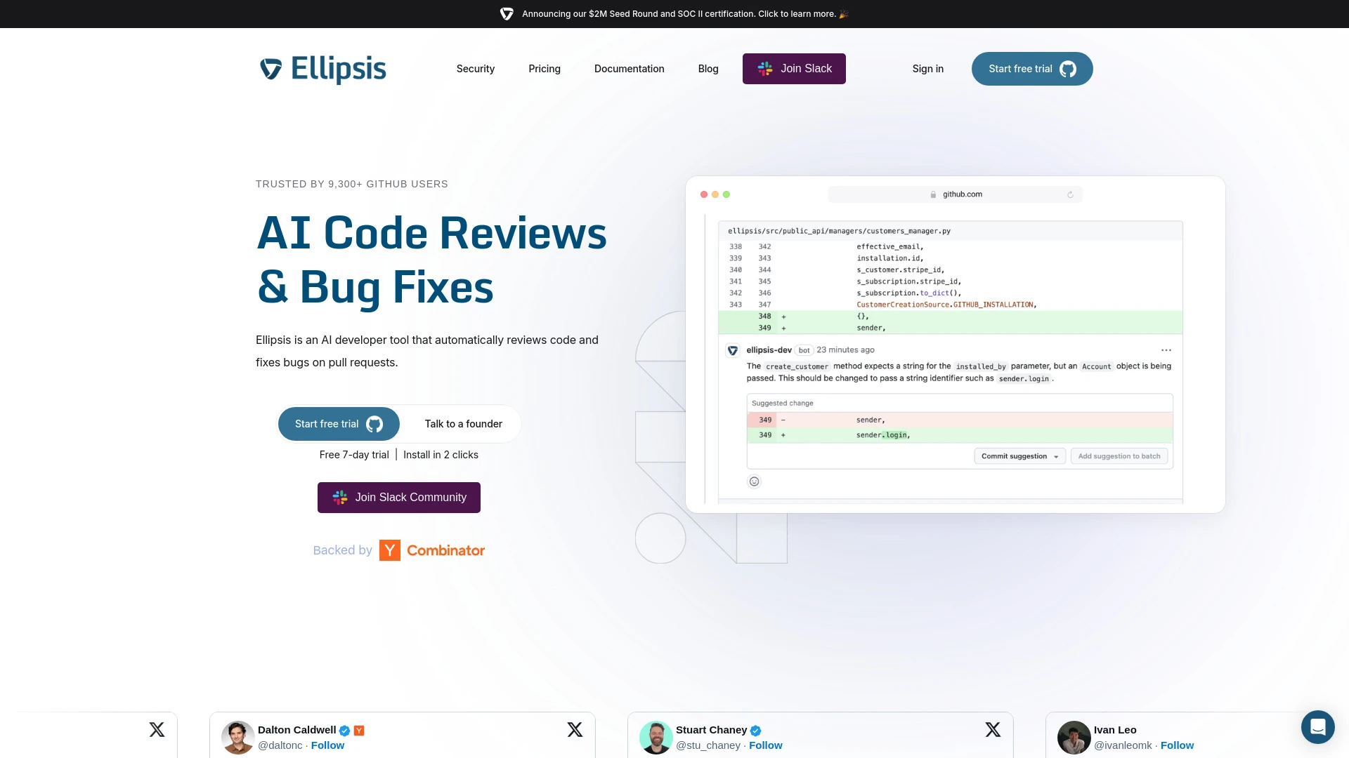 Ellipsis AI Code Reviews & Bug Fixes website preview