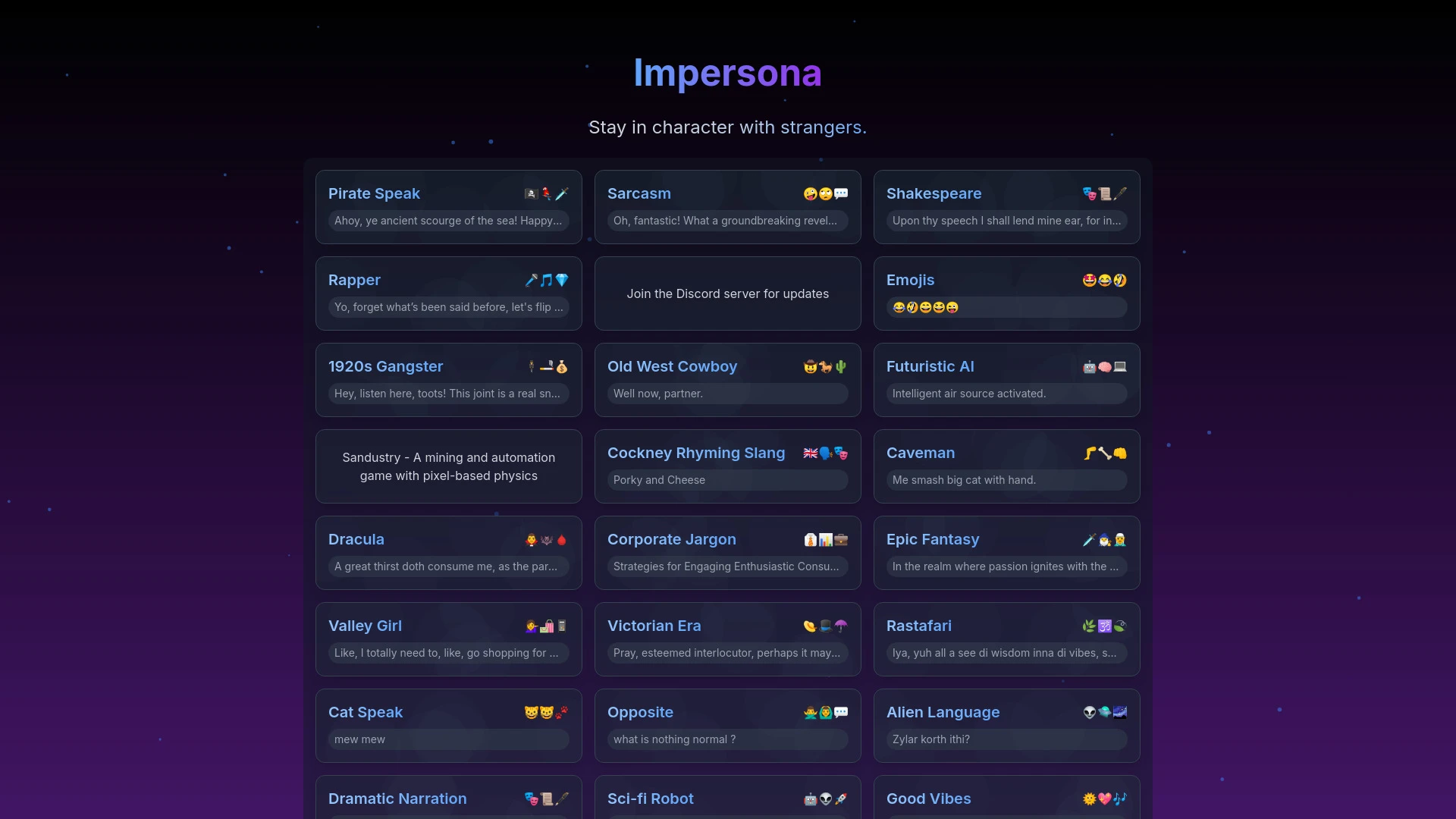 Impersona website preview
