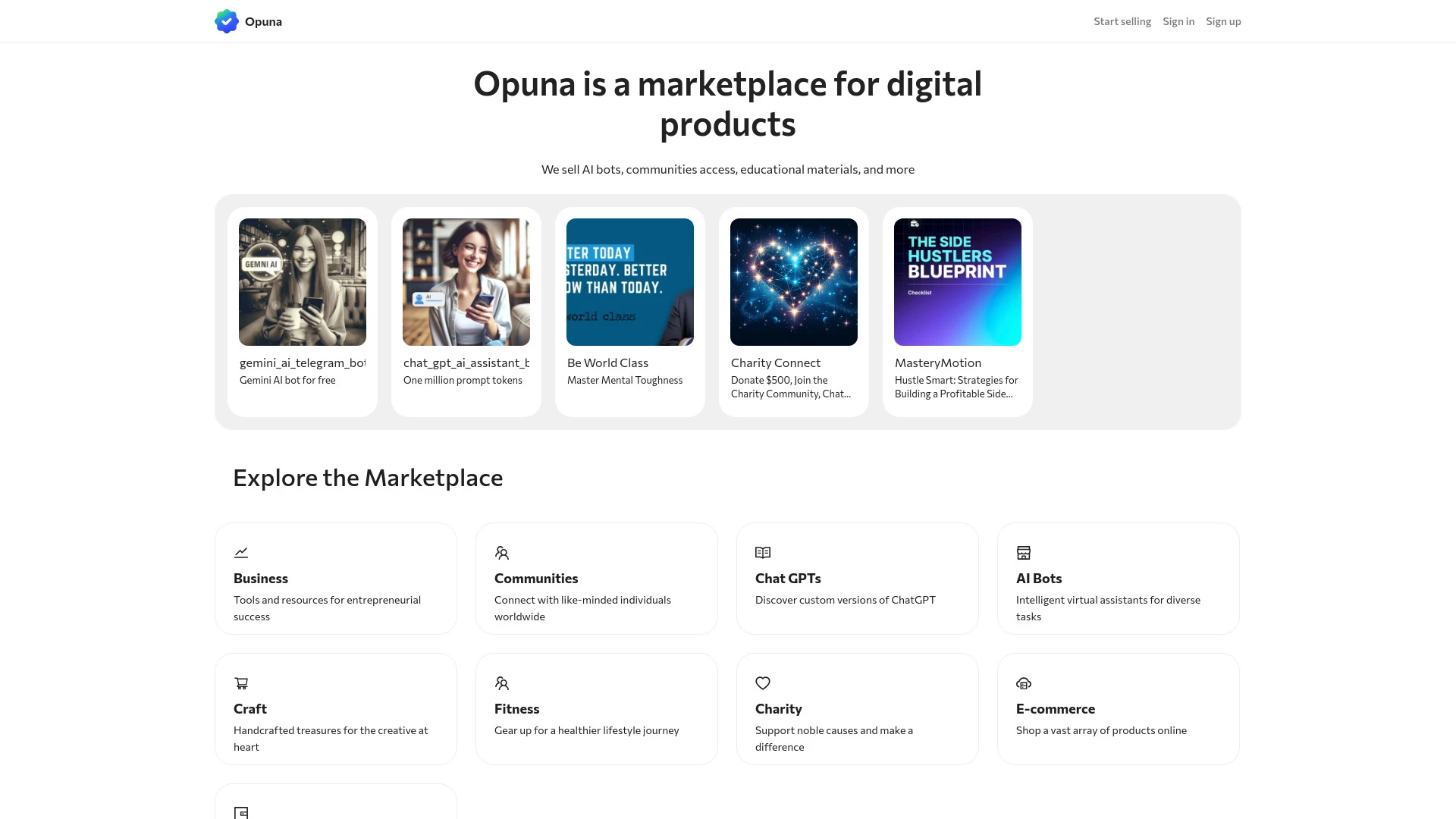 Opuna Marketplace website preview