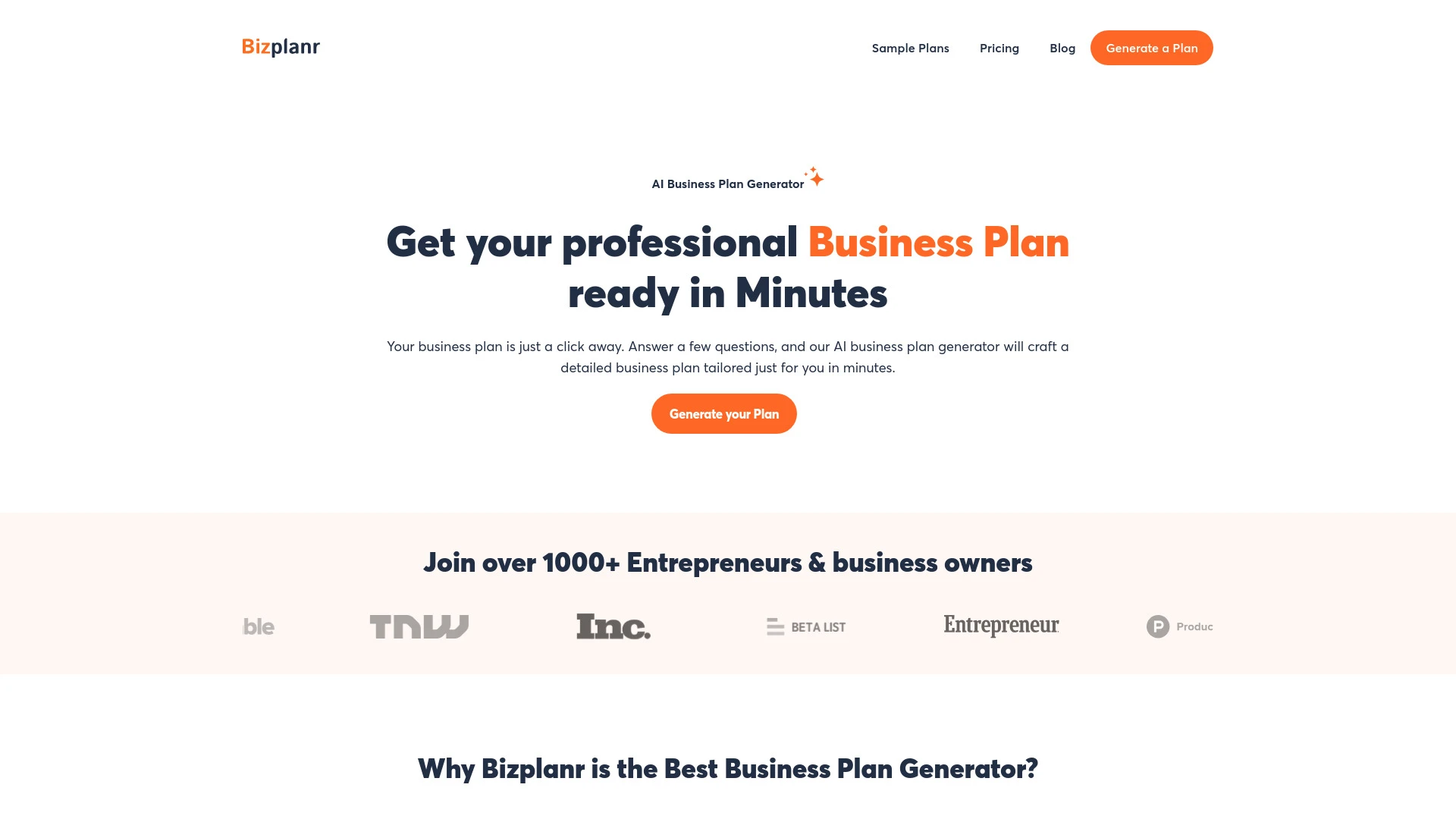 Bizplanr AI Business Plan Generator website preview