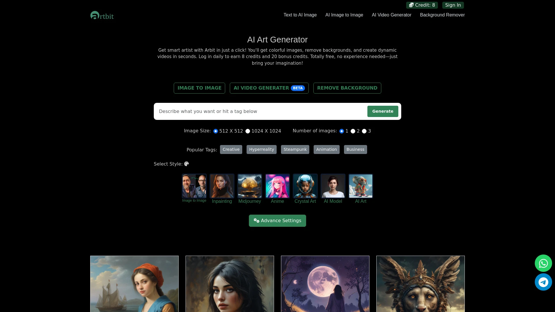 Artbit AI Art Generator website preview