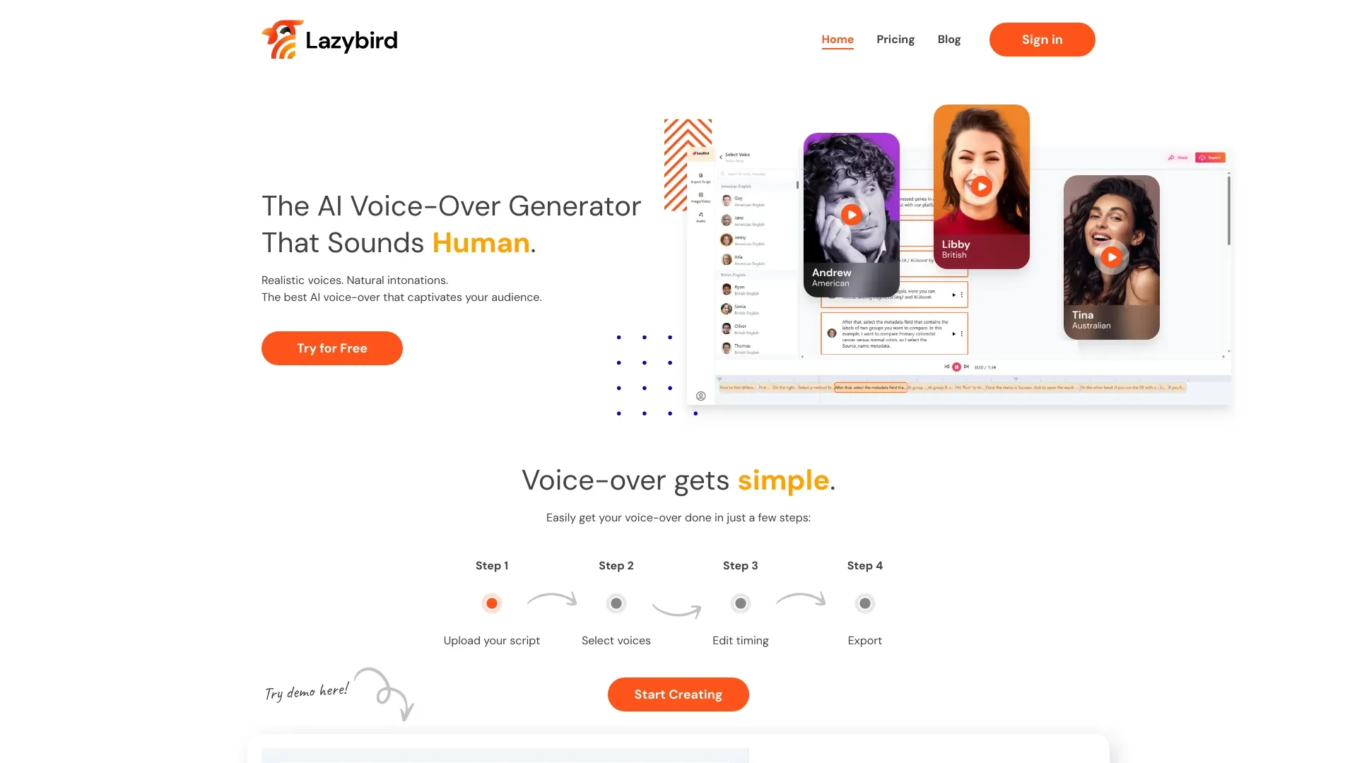 LazyBird | AI Voice Over Studio website preview