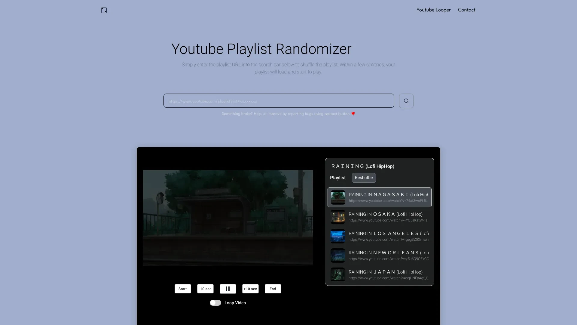 Youtube Playlist Randomizer website preview