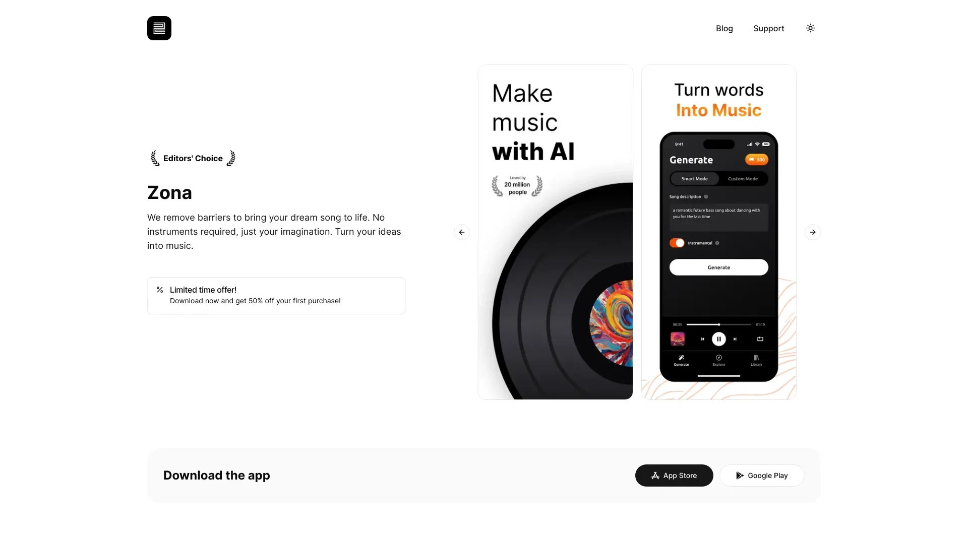 Zona: AI Song & Music Generator website preview