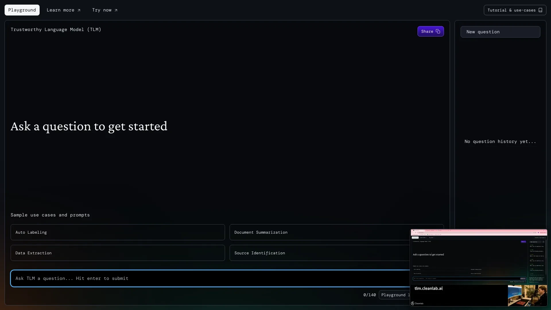 Cleanlab Trustworthy Label Model (TLM) Playground website preview