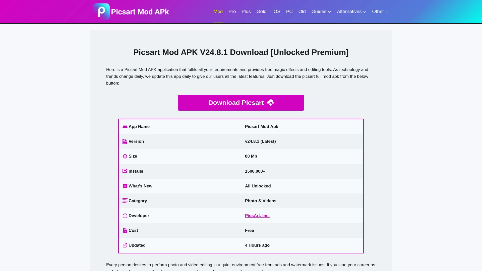 Picsart Mod APK website preview