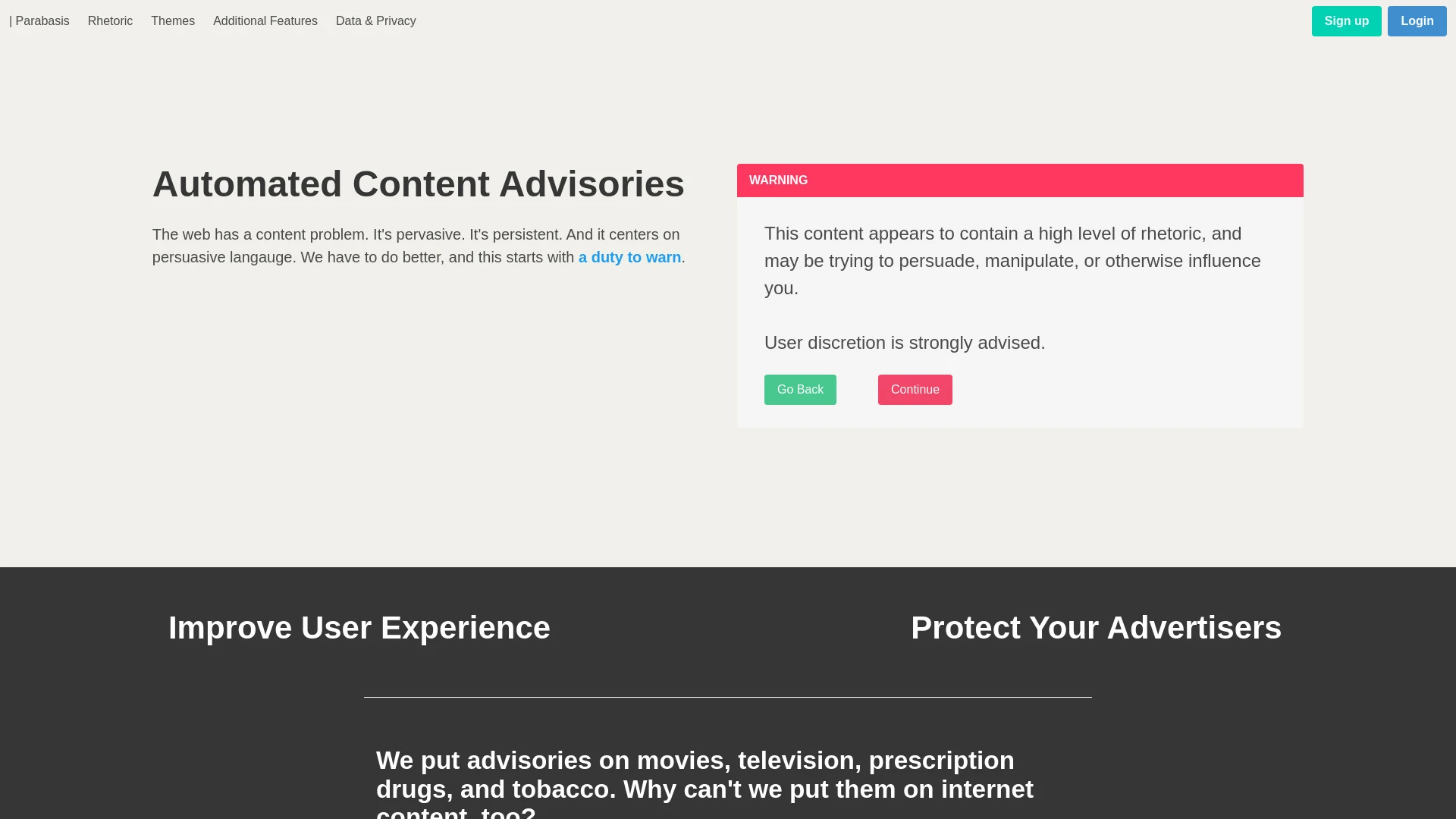 Automated Content Advisories website preview