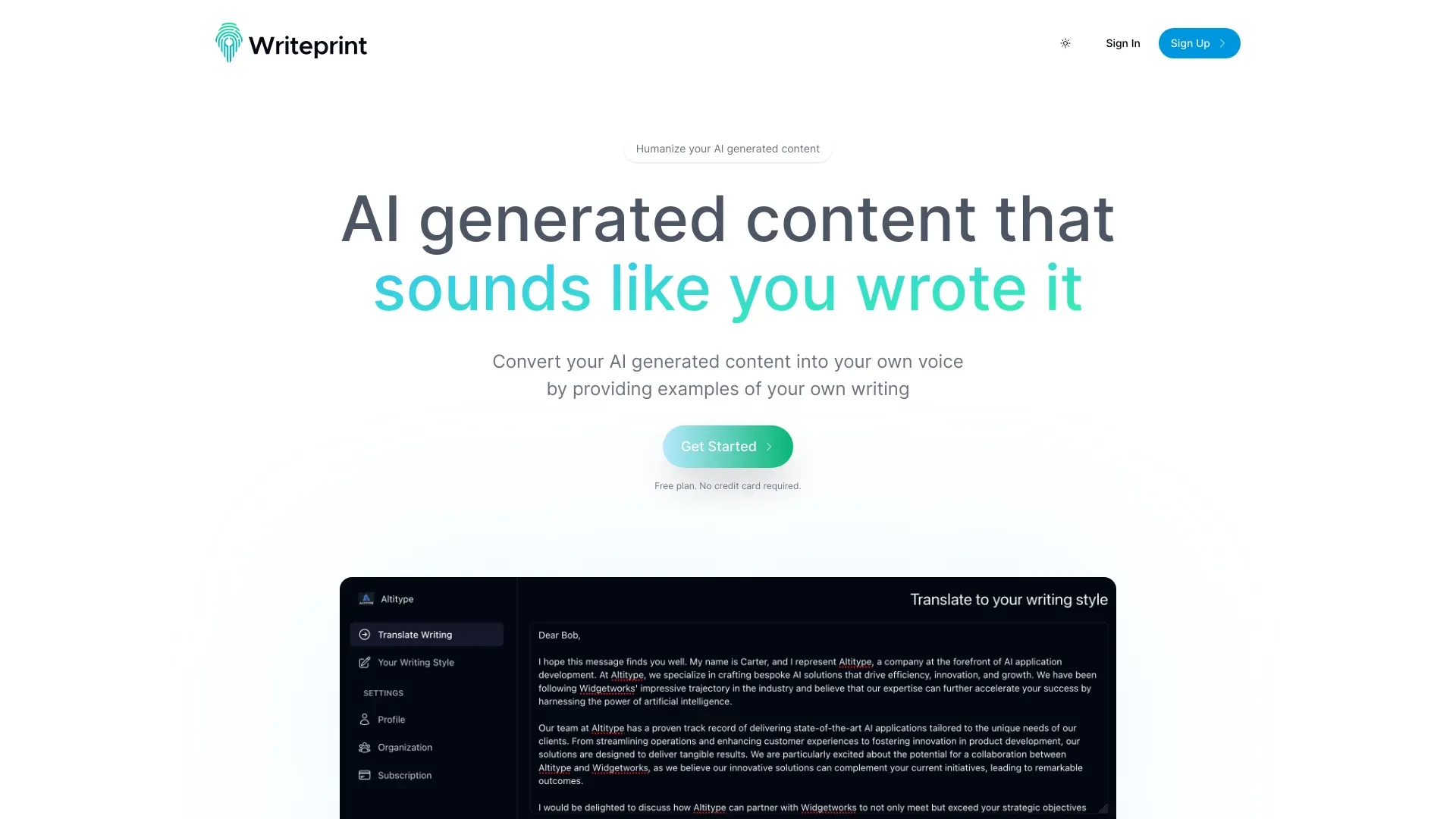 Writeprint.ai website preview