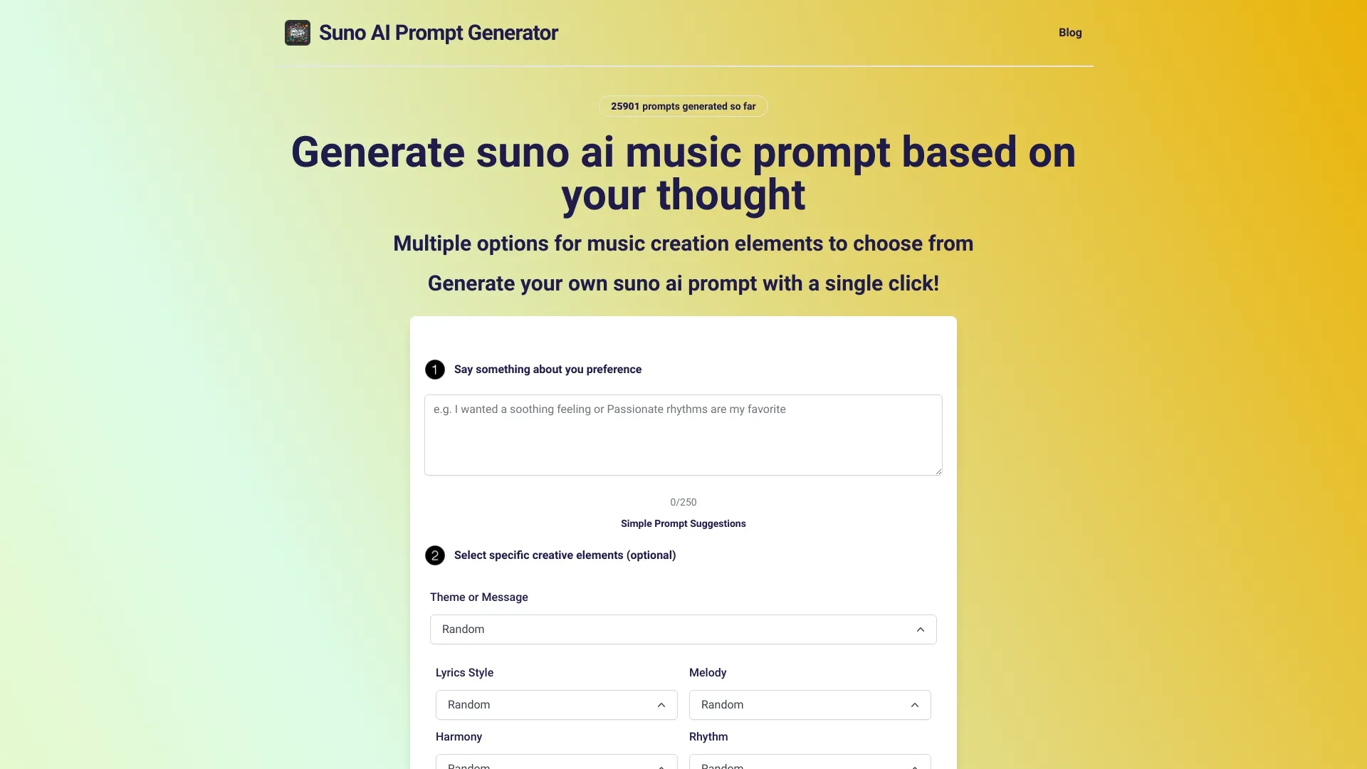 Suno AI Music Prompt Generator website preview