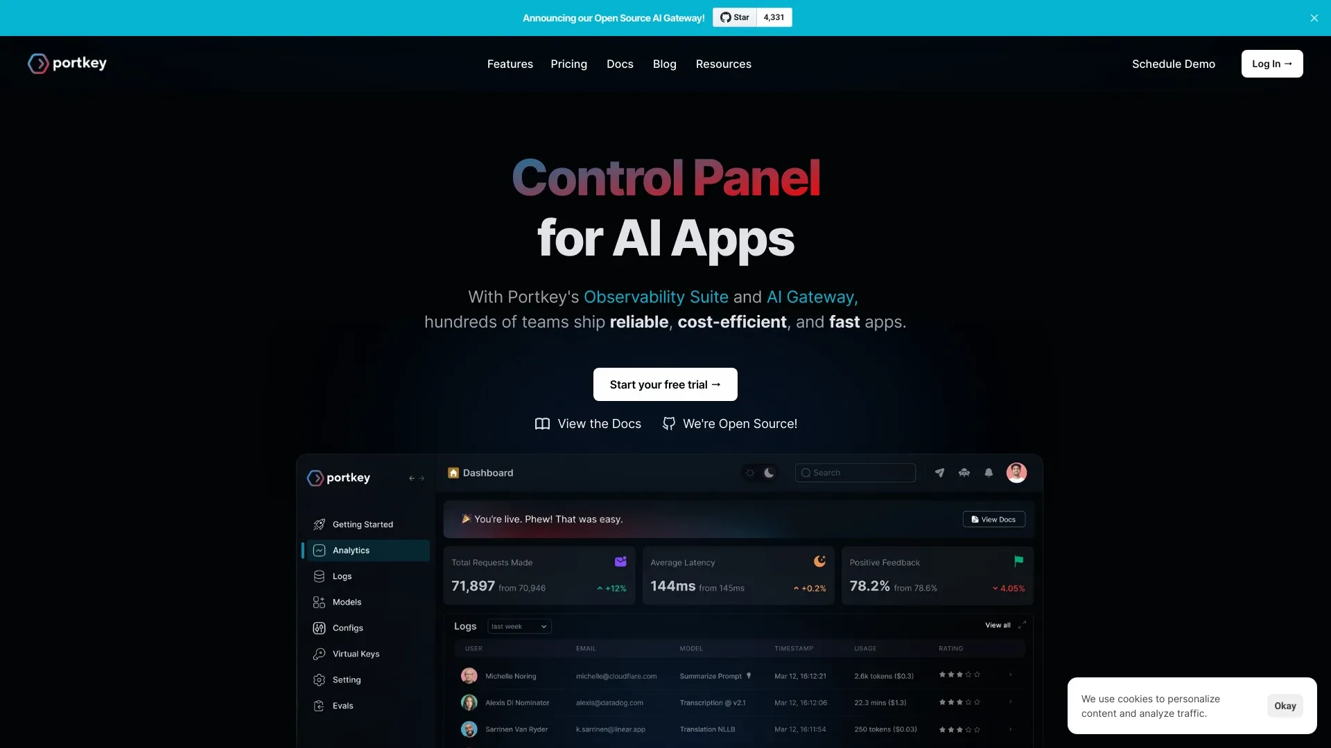 Portkey.ai - Control Panel for AI Apps website preview