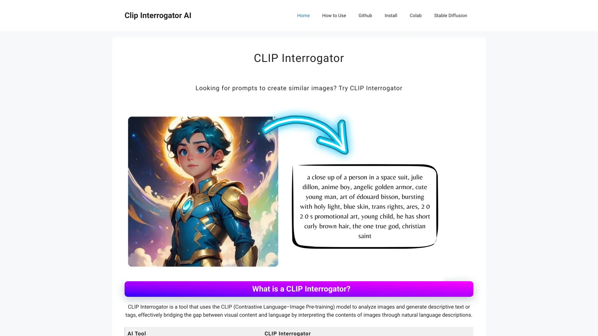 CLIP Interrogator website preview