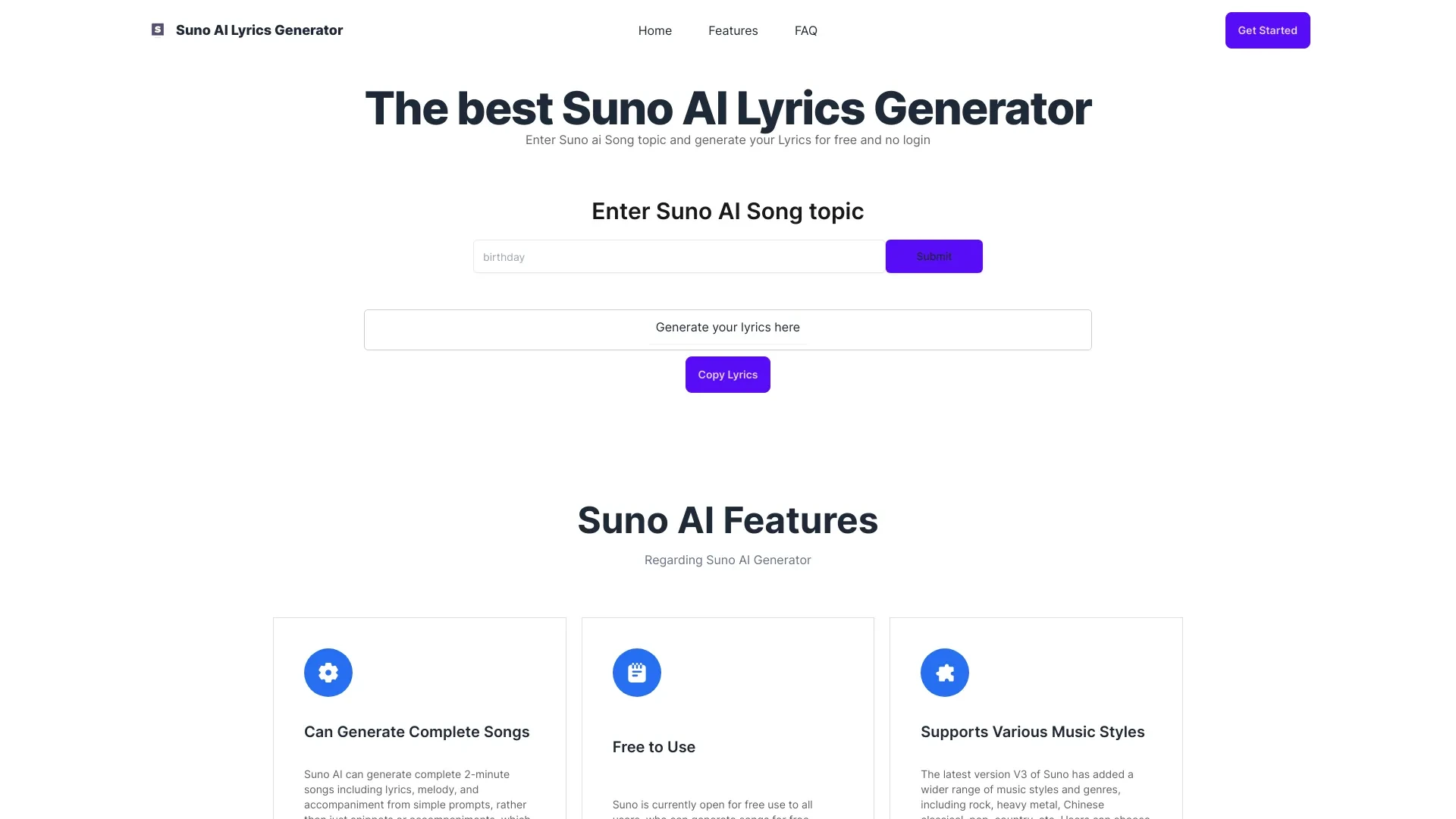 Suno AI Lyrics Generator website preview