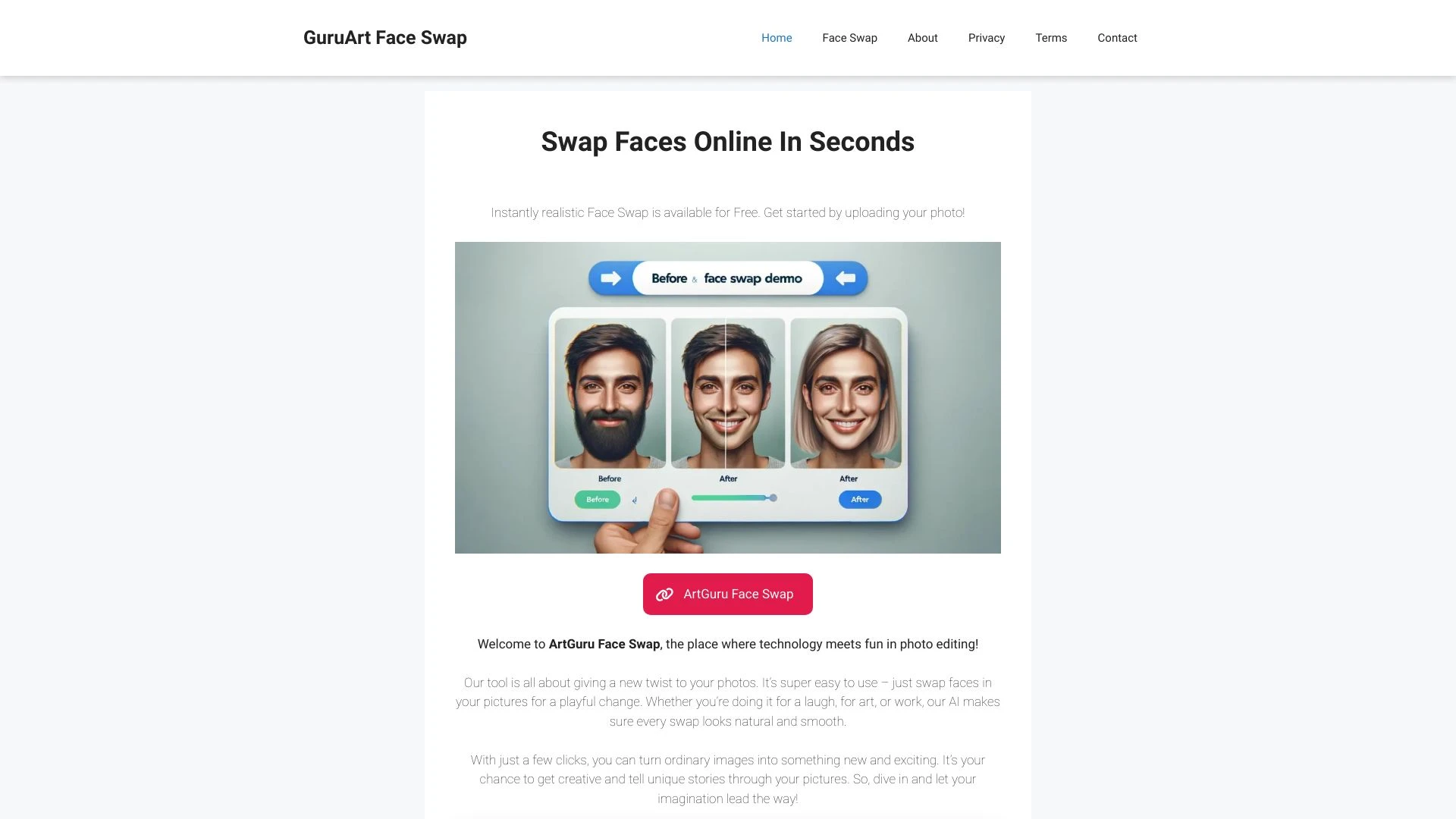 ArtGuru Face Swap website preview