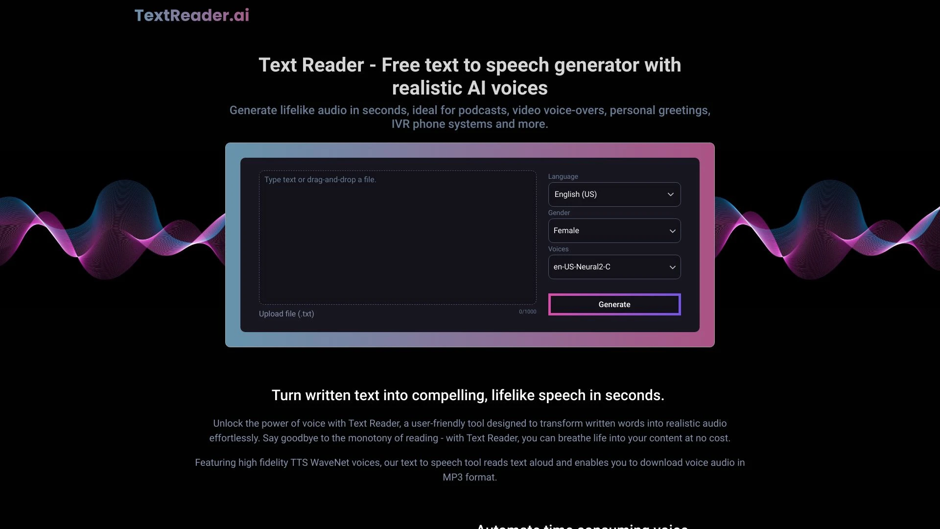 Text Reader website preview