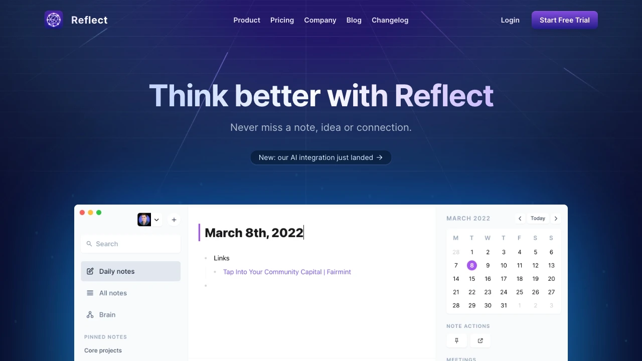 Reflect Notes website preview