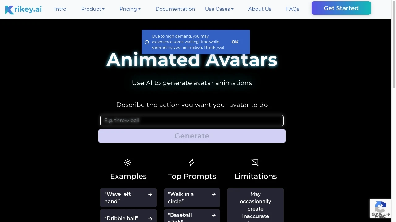 Krikey AI Animation Maker website preview