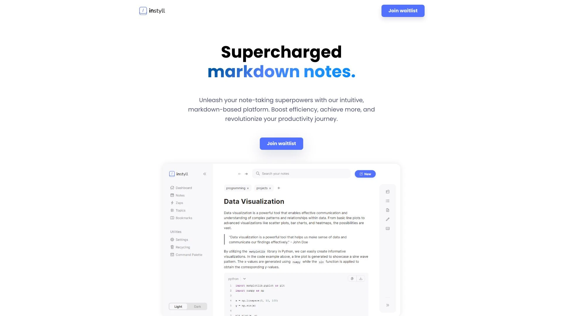 Instyll - Supercharged markdown notes website preview