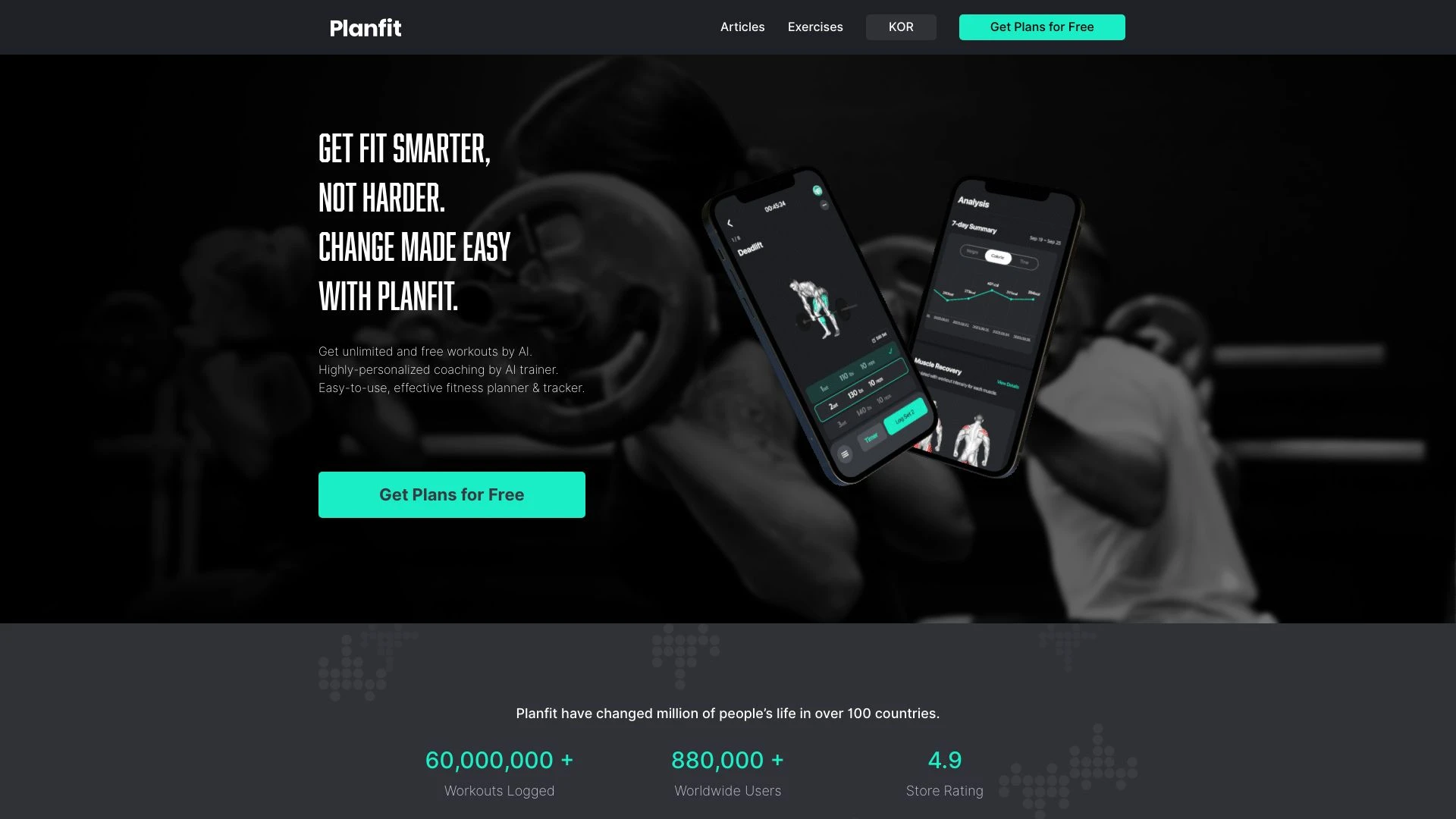 Planfit: Gym Home Workouts & Fitness Plan by AI website preview