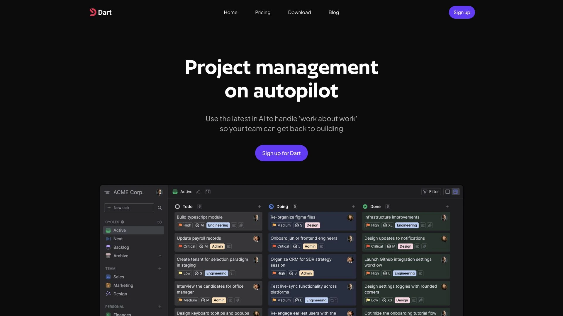 Dart - Project management on autopilot website preview