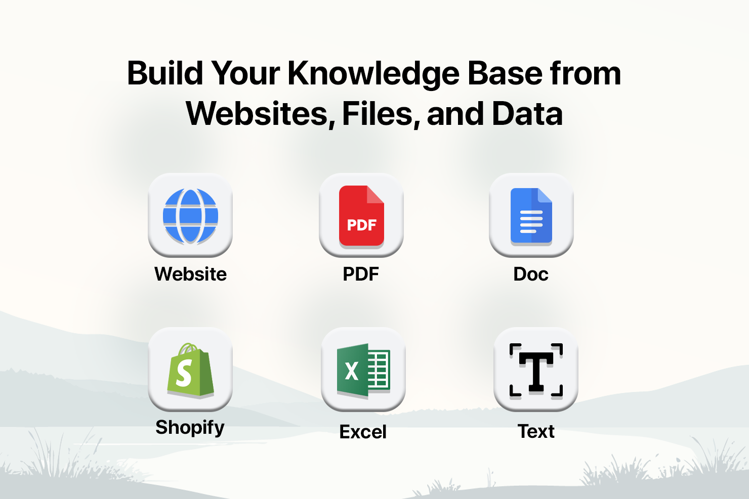 This image represents the various data sources—such as websites, PDFs, documents, Shopify stores, Excel sheets, and plain text—that can be used to build your AI chatbot's knowledge base.