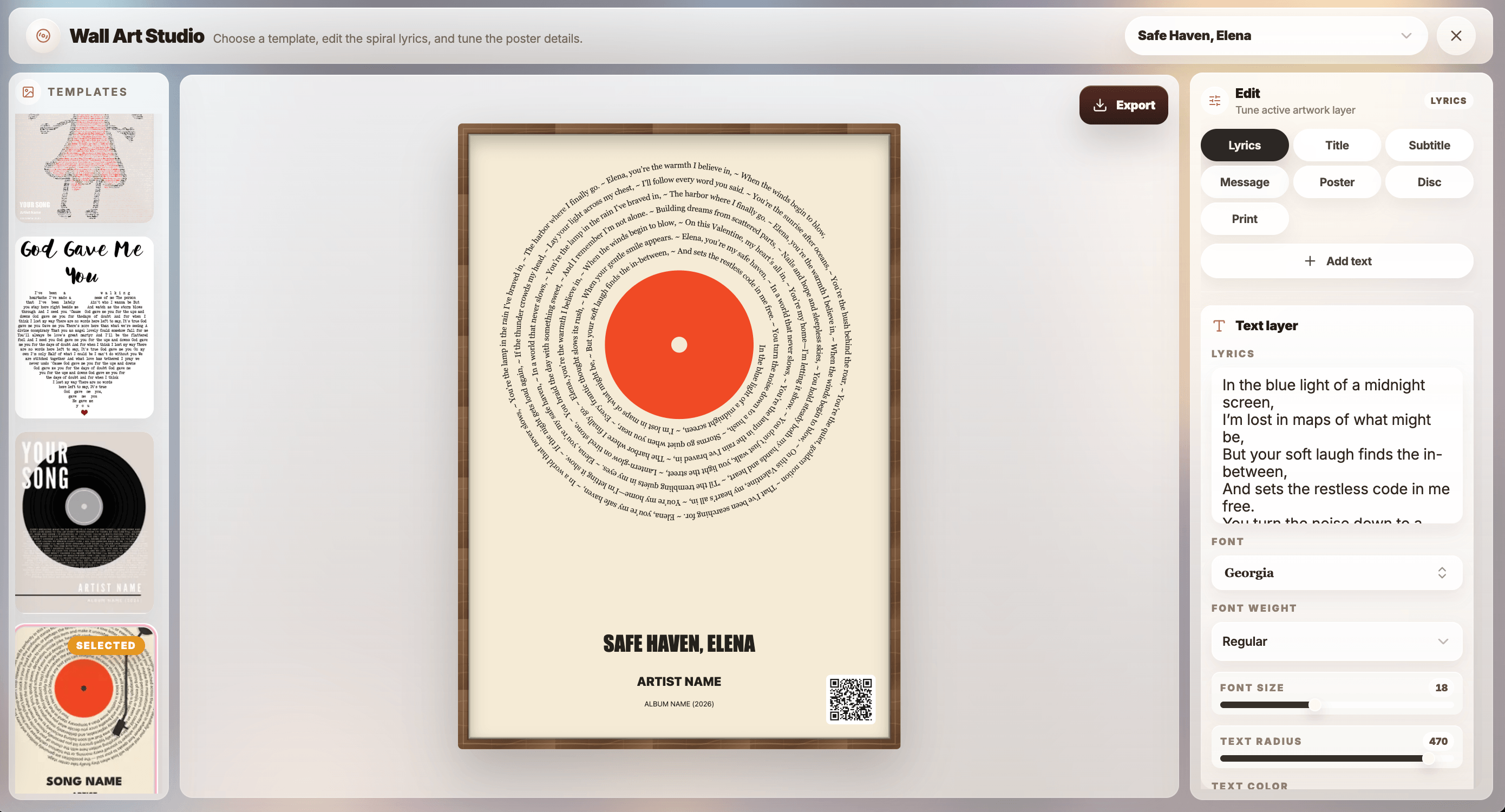 Create Custom Song - Music Lyric Wall Art Editor