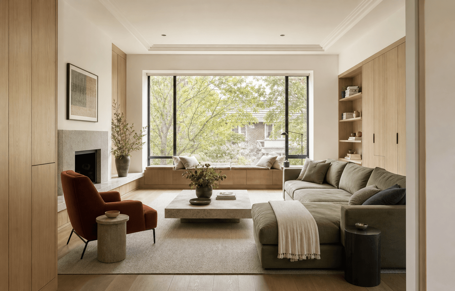 Contemporary living room with oak cabinetry, sage seating, and natural stone