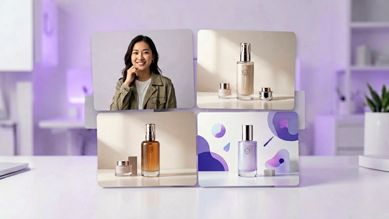 AI image generation examples including an influencer portrait and product photography