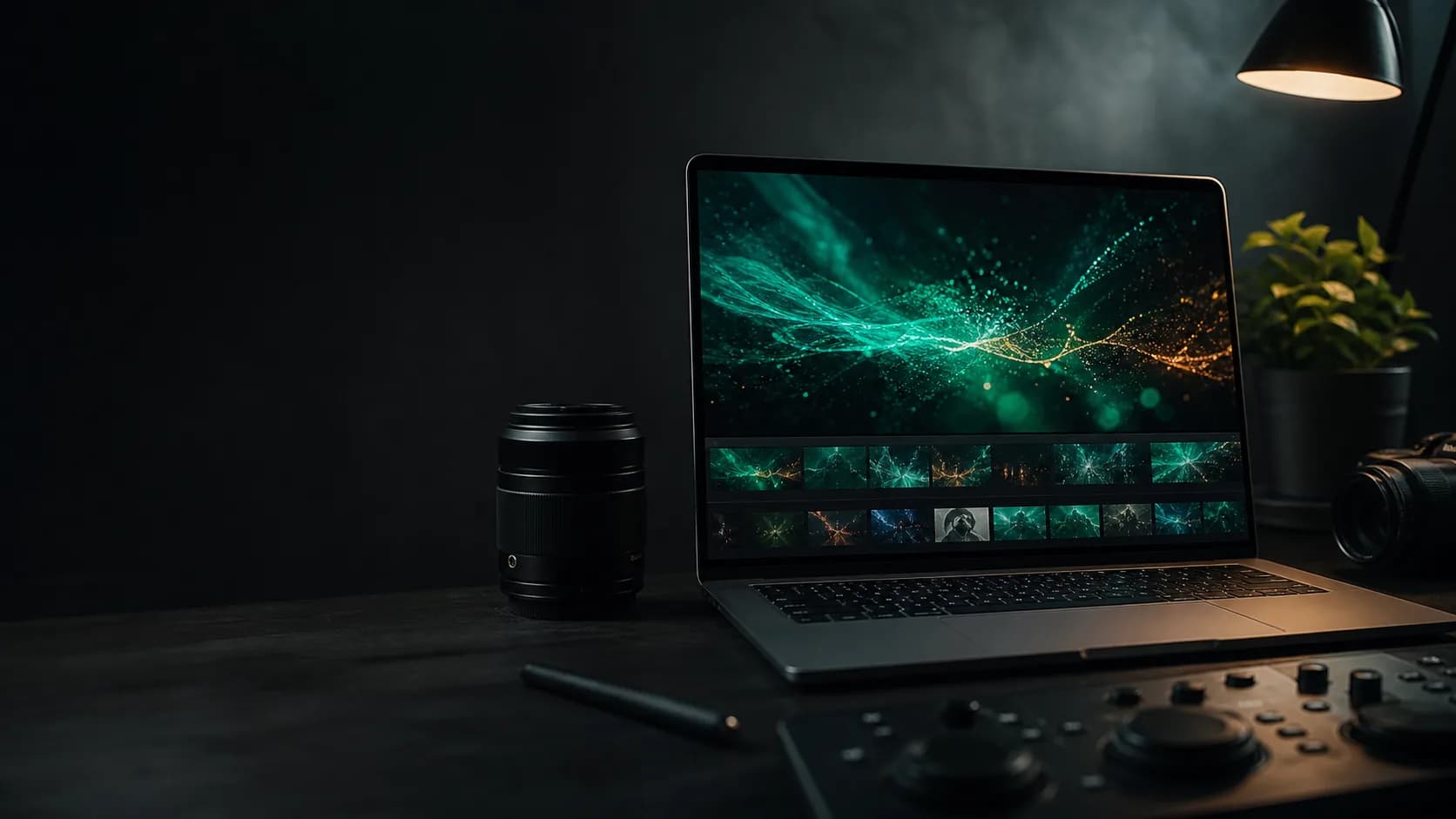 Cinematic AI video analysis desk with storyboard frames and editing equipment